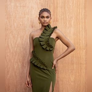 NWT Andrea Iyamah Kamala Deep Olive Midi Dress Size: XL